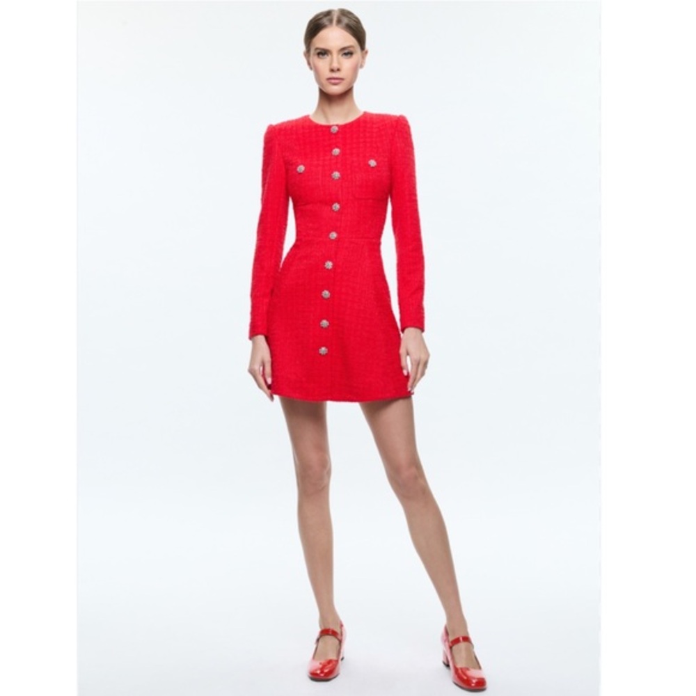 Alice + Olivia Bright Red Tweed Mini Dress with Decorative Buttons